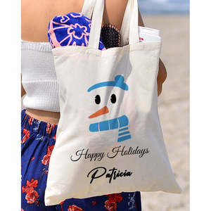 Merry Christmas Blue Snowman Tote <b>Bag</b> <b>Medium</b> Cotton <b>Bag</b> with Heat Transfer Printing Washable Screen Pattern for Advertising - Product Image 3