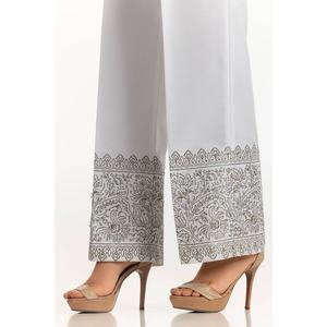 Pantalon large blanc 100% soie brute imprimé au bloc TR-24-23 taille haute respirant avec broderie décorative en tissu satiné - Product Image 3