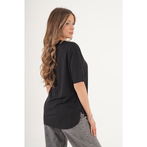 Camiseta Básica de Cuello Redondo sin Costuras LUSTRIN para Mujer, Cómoda Camiseta Negra Lisa de Manga Corta para Uso Diario - Product Image 4