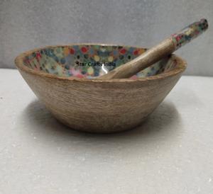 Intérieur en bois d'acacia naturel de meilleure qualité avec émail imprimé à l'intérieur du bol vente en gros bol de service alimentaire pour salade avec service s - Product Image 5