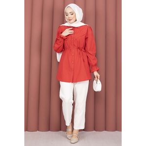 Chemise Rouge Chic Décontractée à Lacets avec Détail Fisto en Tissu Popeline Satinée Tricotée, Tissée Quotidienne, Taille XL pour Printemps/Été - Product Image 3