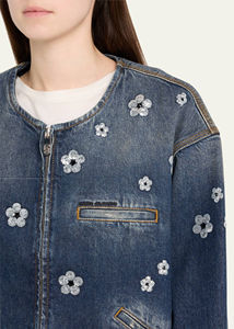 Veste bomber en denim foncé tendance pour femmes avec broderie florale en sequins argentés scintillants - Product Image 4