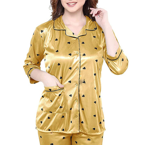 2025 colección de invierno pijamas de satén de manga corta para mujer ropa de dormir suave Cierre de botón amarillo azul patrón sólido al por mayor - Product Image 3
