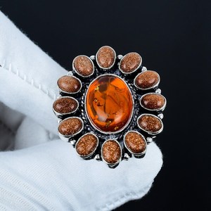 Anillo de Ámbar Báltico y Piedra Solar de Lujo, Hecho a Mano, Plata de Ley 925, Gema Vintage Antigua, Certificado IGI, Día de San Valentín - Product Image 1