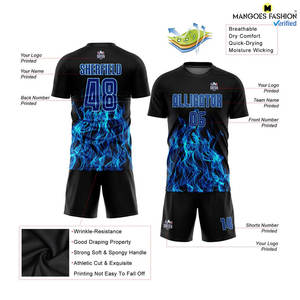 Uniforme de football à sublimation personnalisé, noir, bleu royal, avec flamme, direct de l'usine, ensemble complet d'uniformes de football - Product Image 4