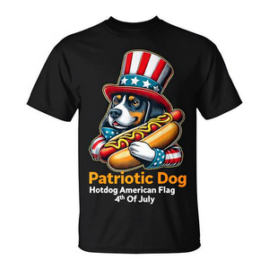 T-shirt patriottica con bandiera americana per il 4 luglio, con cane hotdog - Product Image 2
