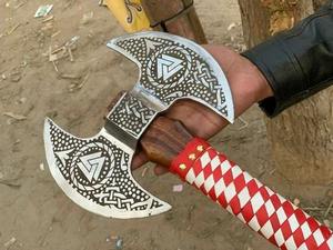 Steel Craft International Industrial Grade Damascus Steel Double Head <b>Axe</b> Head Ash <b>Wood</b> Handle 18-Inch Length Hunting Outdoor - Product Image 3