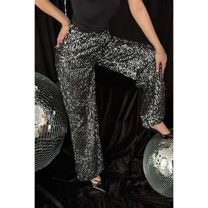 Black <b>Silver</b> <b>Sequin</b> <b>Trousers</b> with Elastic Waist - Black <b>Silver</b> - Product Image 4