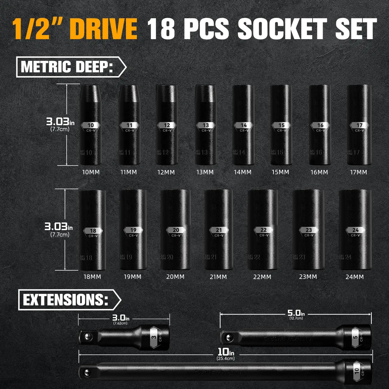 18 Stück 1/2 Zoll Antriebs-Stichpunkt-Set Standard 6 Punkte metrische Größen (10mm - 24mm) professionelle Steckdose-Sets