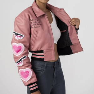 Vestes de baseball courtes en cuir PU de haute qualité pour femmes, vestes bomber, vestes de moto personnalisées avec des patchs en chenille - Product Image 3