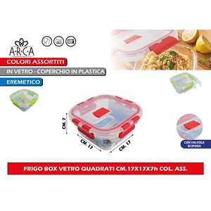 Scatola di vetro quadrato 17x17x7H colori assortiti per la conservazione degli alimenti e contenitore - Product Image 1