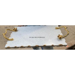 Most Selling White <b>Marble</b> Made Rectangle Shape Serving <b>Tray</b> With Gold Plated Metal Unique Fancy Designer From Indian Supplier - Product Image 2