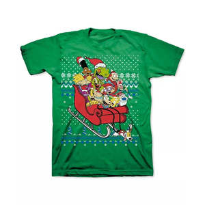 Freeze 24-7 Nickelodeon Christmas T-shirt da uomo in jersey di cotone 100% oversize con stampa serigrafica taglia media verde - Product Image 1