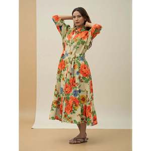 Women's <b>Boho</b> Floral Midi Long <b>Summer</b> Tunic Handblock Printed Cotton Waffle <b>Dress</b> Soft Colors Natural Button Closure Ethical Gift - Product Image 4