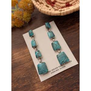 Gregg Yazzie Kingman Turquoise & Sterling Silver Drop <b>Earrings</b> Geometric <b>Post</b> Dangle Design - Product Image 4