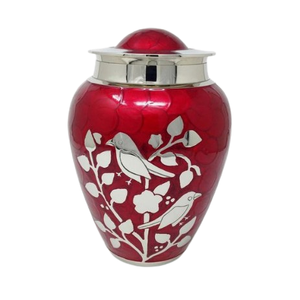 <b>Decorative</b> Memorial Urn for Ashes Red Color Metal Cremation Urn with <b>Bird</b> and Floral Design Elegant Keepsake Urn - Product Image 1