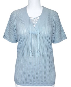 Pull en maille ajourée personnalisé pour femme, coupe confortable, col en V, manches papillon, fin, avec ceinture offerte, décontracté, été, OEM/ODM 64% - Product Image 1