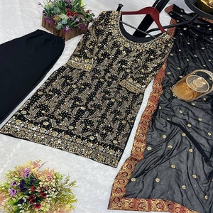 Dernier modèle de sari ethnique Gujari de la marque FabZone, en faux georgette lourd, avec broderie et travail de sequins en relief, pour adultes et mariages - Product Image 5