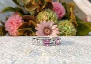 Solid 14K White Gold Pink White Moissanite Seven Stone Minimalist Cushion Wedding Band Stackable Anniversary Promise Gift Ring - Product Image 3