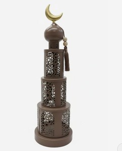Lanterne de Ramadan élégante en métal brun à étages avec dessus en forme de croissant, découpes complexes, lumière LED chaude pour la décoration festive de la maison et les cadeaux - Product Image 4