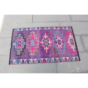 พรมตุรกี, พรมวินเทจขนาด 2x3.2 ฟุต, พรมขนสัตว์ลายสัตว์สีม่วง - Product Image 4