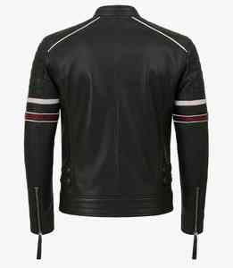 Chaqueta de Motociclista Estilo Slim Fit para Hombre en Cuero Vacuno Negro con Mangas a Rayas, Ropa Exterior Informal, Chaqueta de Cuero Genuino - Product Image 4