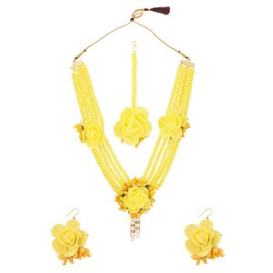 Wholesale Jewellery Manufactures Yellow Faux Pearl Beaded Floral Strand Necklace <b>Earrings</b> Mang Tikka Jewellery Set - Product Image 1