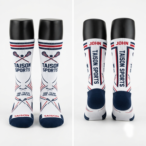 Chaussettes de lacrosse athlétiques écologiques respirantes à séchage rapide en laine/élasthanne 380 GSM avec logo jacquard personnalisé et empiècements rembourrés - Product Image 1