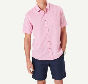 Chemise décontractée en lin rose clair pour homme, manches courtes, col rabattu, teinte unie, anti-rétrécissement, séchage rapide, durable, été - Product Image 1