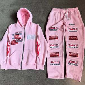 Customized Men's 100% Cotton 350gsm Flees 2 Piece Sweat Suit Screen Print With Embroidery <b>Zip</b> Up Hoodie Sweat Pant - Product Image 3