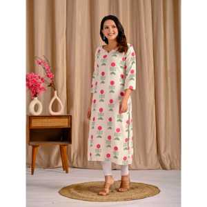 Kurti Recto de Algodón y Yute Estampado Butta Block Blanco y Rosa, Estilo Casual con Cintura Natural y Característica Transpirable - Product Image 4
