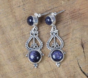 Boucles d'oreilles clous en argent sterling 925 avec pierre de soleil bleue, bijoux en pierres précieuses faits à la main, cadeau pour femme, boucles d'oreilles à 2 pierres - Product Image 5
