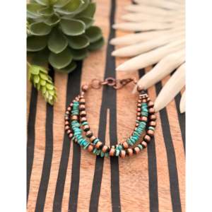Navajo Style 3 Strand Kingman Turquoise & <b>Copper</b> Beaded Bracelet Machine Made Graduated Fashion Accessory - Product Image 1