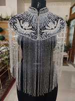 Ponchos de malla transpirable de otoño, cortos y de talla grande, con bordado vintage hecho a mano, blusas a medida con detalles de borlas y lentejuelas, estilo murciélago.