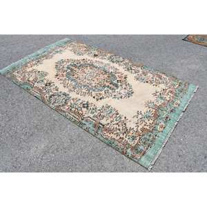 Alfombra turca Vintage de 5,2x8,7 pies, Beige lana verde, estilo Tabriz, respaldo de látex rectangular de retazos para el hogar, sala de estar, cabecera - Product Image 2