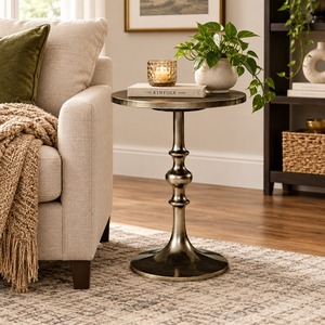 Table d'appoint ronde traditionnelle en métal avec base sur piédestal, finition foncée - Product Image 2