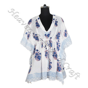 100% algodón Mujer ropa de dormir bloque de mano estampado Kaftan vestido KFCS051 peso ligero mujeres Casual ocasión desgaste corto caftán vestido - Product Image 1