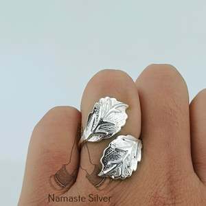 Dual Leaf Statement <b>Ring</b> Handmade Sterling Silver <b>Adjustable</b> <b>Size</b> Perfect Plant Lover Gift for Her Birthday Anniversary - Product Image 3