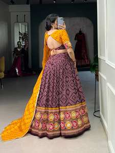 Vêtements de fête marron Tussar soie Bandhej Patola imprimer Lehenga Choli ensemble sud de l'Inde Style feuille travail traditionnel fête de mariage - Product Image 4