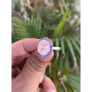 <b>925</b> <b>Silver</b> Vintage <b>Ring</b> <b>with</b> Rose Quartz & Amethyst Rhodium & Gold Plated Bezel Setting Men's Jewelry Gift - Product Image 2