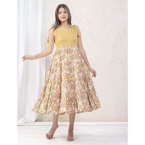 Vestido de algodón estampado Jaal blanco y amarillo con tirantes, diseño personalizado, elegante, casual, largo hasta el suelo, transpirable, ODM para el día a día - Product Image 6