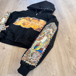 เสื้อฮู้ดซิปโอเวอร์ไซส์สไตล์สตรีทแวร์สำหรับผู้ชาย ผลิตตามสั่งพร้อมโลโก้ของผู้ผลิต ผ้าฝ้าย 100% 465GSM พิมพ์ลาย DTG สไตล์วินเทจ ประดับด้วยคริสตัล - Product Image 2