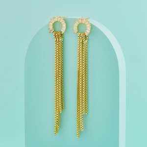 Pendientes Elegantes para Fiesta con Diseño de Borlas, Chapados en Oro, Aleación de Zinc, Concha de Cobre, Acento de Turquesa, Perla o Diamante - Product Image 1