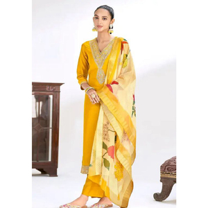 Conjunto de traje Chanderi bordado festivo tradicional para mujer, talla XXL, talla 42, Kurti 38, parte inferior de Chinon, Dupatta de seda para fiestas de invierno - Product Image 3