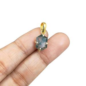 925 argent Sterling pendentifs fins breloques finition lisse mousse Agate hexagone pendentif plaqué or broche réglage bijoux breloque - Product Image 2