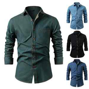 Camisa de Mezclilla a Cuadros para Hombre, Marca Solid International, Mezcla de Algodón y Spandex, Antiarrugas, Secado Rápido, Ecológica, Manga Larga - Product Image 1