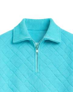 Manufacturer Customized <b>Mens</b> Quarter Zip Quilted Knit Sweater Sky Blue Solid Diamond Texture High Neck Warm Winter Pullover OEM - Product Image 5