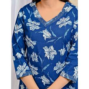 Blue <b>Block</b> <b>Printed</b> Cotton Kurta Pant Set Mulmul Dupatta Indian Pakistani Style Ethnic Wear for Daily Party Occasions Made Net - Product Image 2