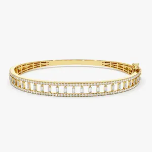 Diamond Bangle 14K Solid Gold Baguette Round Layering Bracelet Stacking Real Natural Round and Baguette Diamond Layered Bracelet