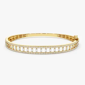 Brazalete de diamantes de oro sólido de 14K, pulsera de capas redondas apilables, redondas y Baguette de diamantes naturales reales - Product Image 1